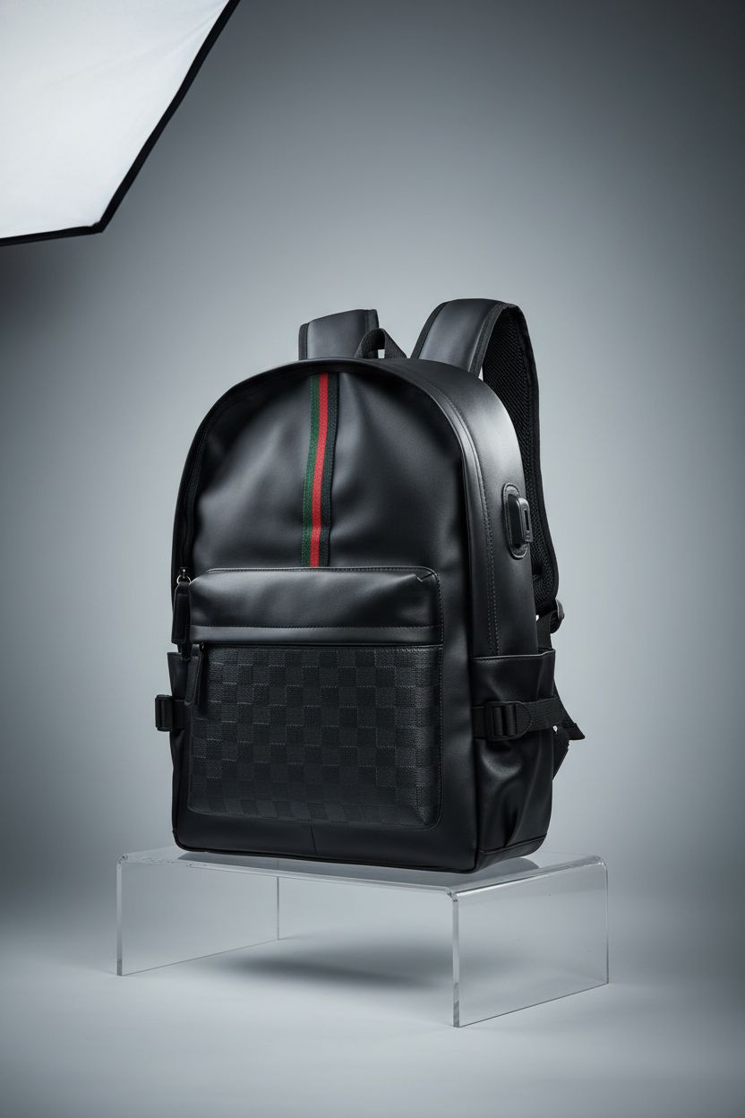 WDEKDAI leather backpack showcased on acrylic riser, premium design with embossed details