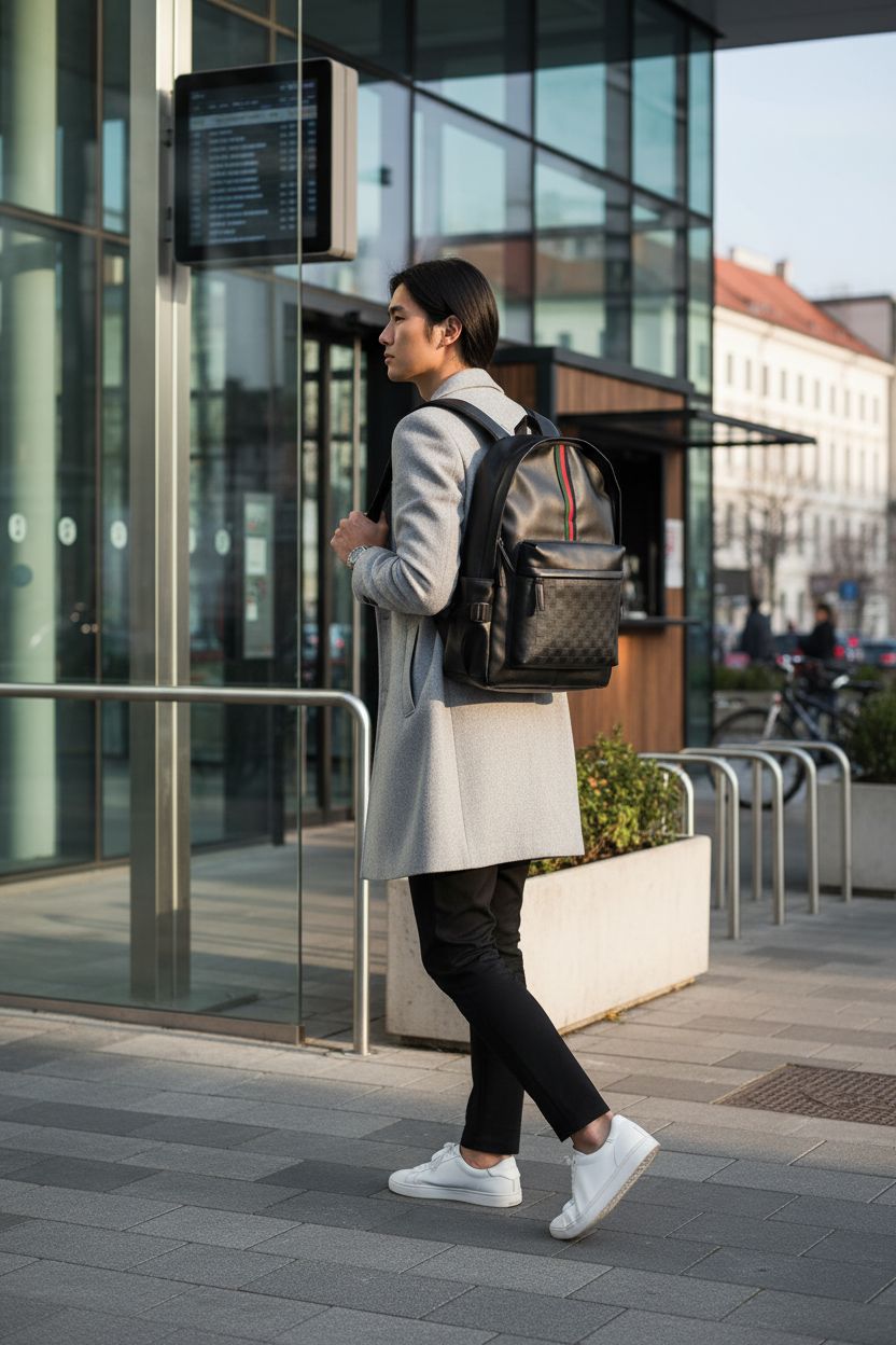 Professional with WDEKDAI leather backpack in transit hub, ideal for business and travel