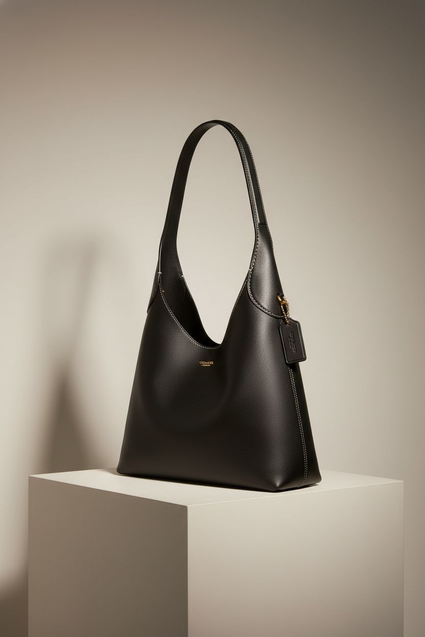 Product shot of Coach Brooklyn Shoulder Bag 28 in black leather on a minimal studio set, highlighting its luxurious design.