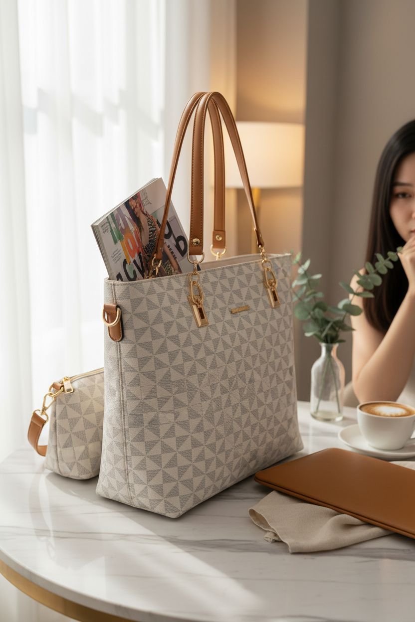 2E-youth tote bag displayed elegantly in a sunlit café with a laptop sleeve.