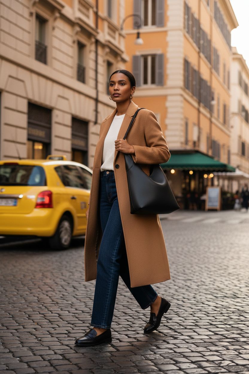 Coach Brooklyn Shoulder Bag 28 in black, worn confidently on shoulder, captured in golden-hour urban setting.