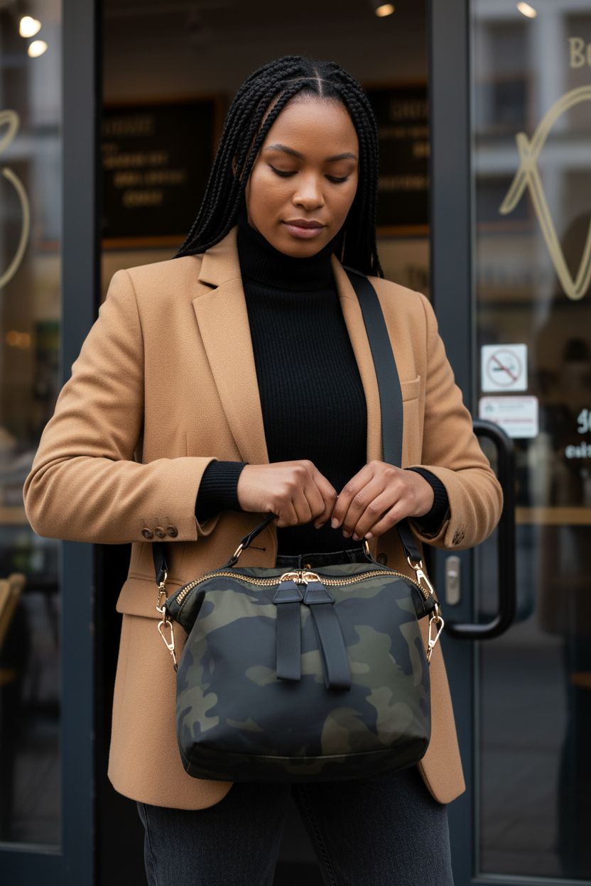 PAKFIEKS camo crossbody bag with gold hardware, perfect for daily commuting.