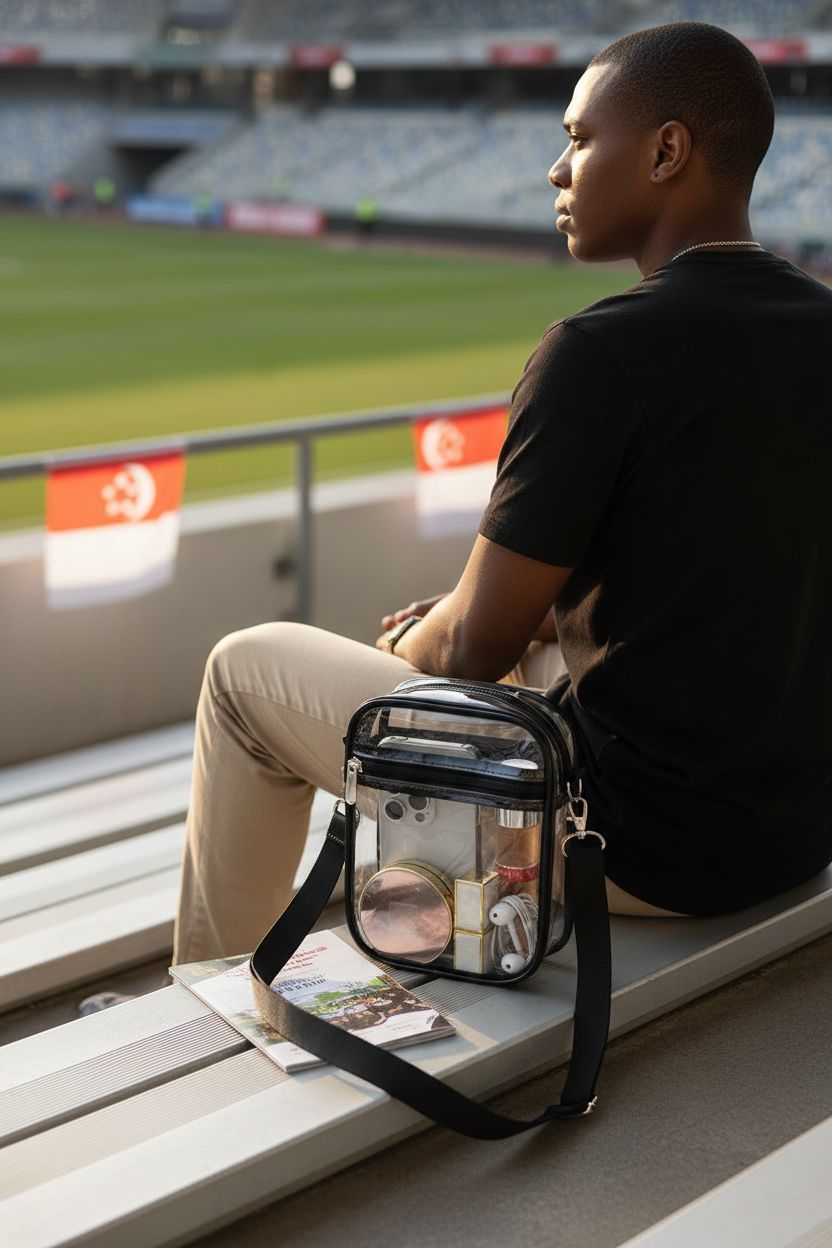 USPECLARE clear bag resting on bleachers with game day essentials, evoking stadium vibes