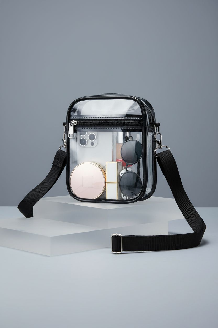 Product shot of USPECLARE clear purse highlighting its sleek design and quality details