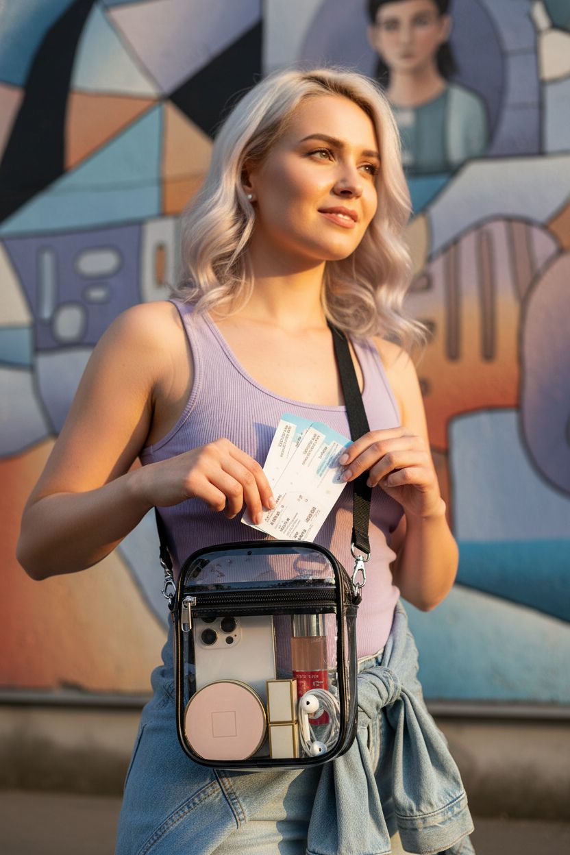 Chic USPECLARE clear bag with black trim, perfect for stadium entry and stylish outings