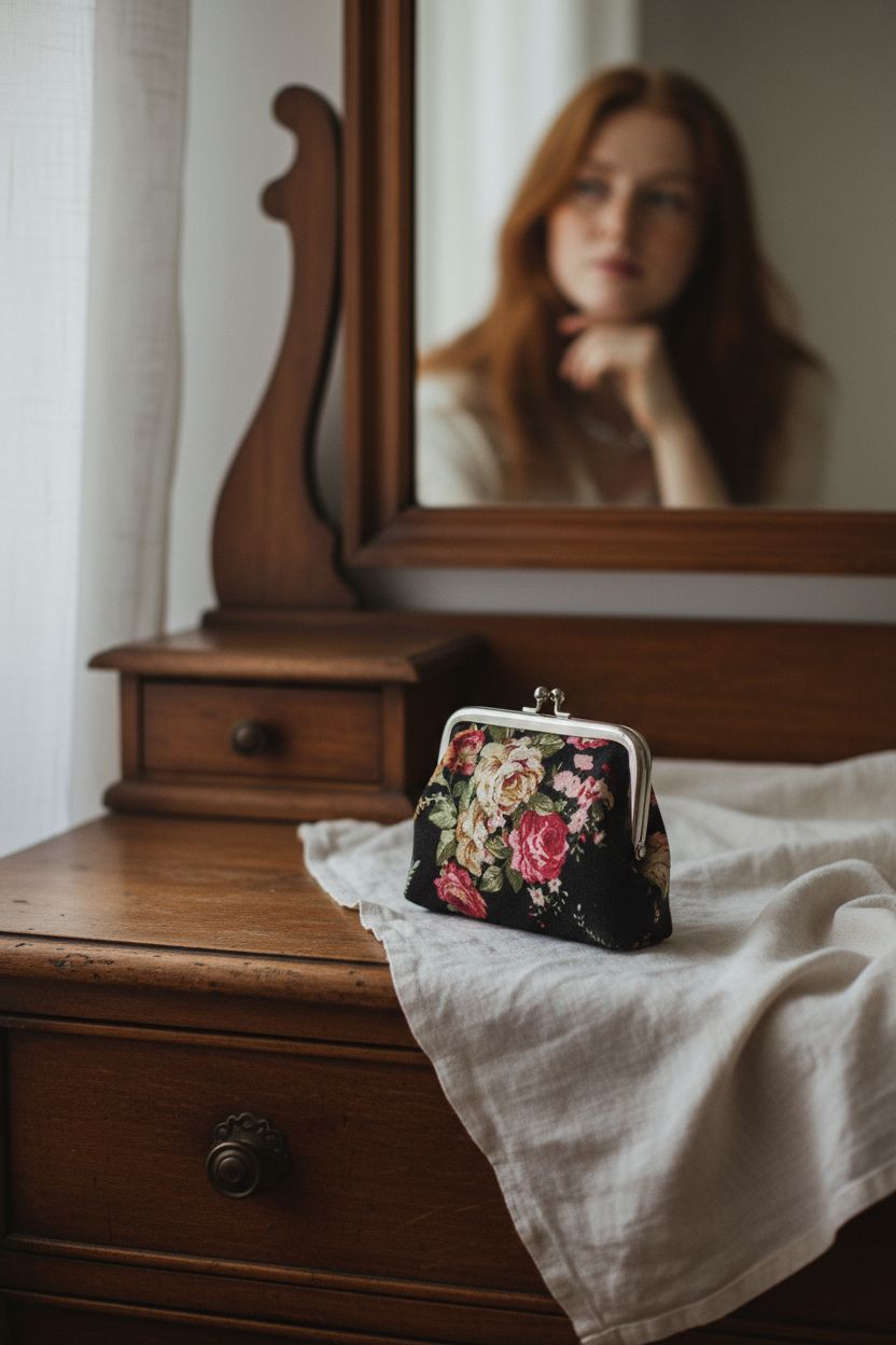 Sanxiner vintage floral coin purse elegantly displayed on a walnut dresser's vanity.