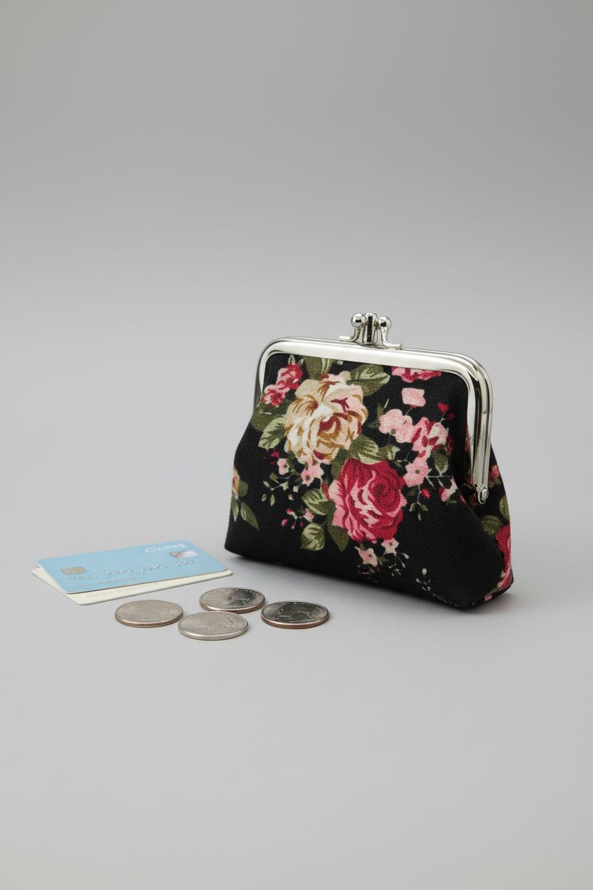 Sanxiner floral canvas coin purse with cards and coins, highlighting its design.