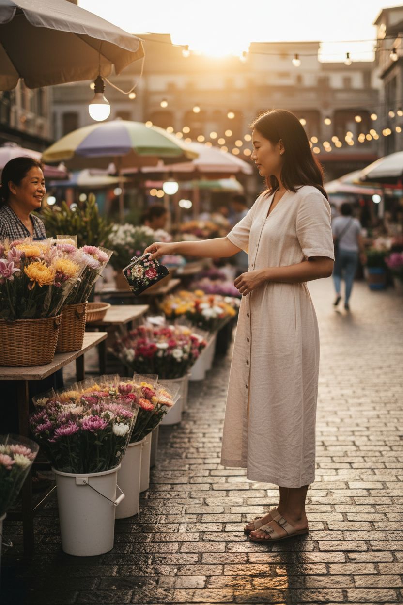 Sanxiner floral coin purse showcased at a weekend flower market in vintage style.