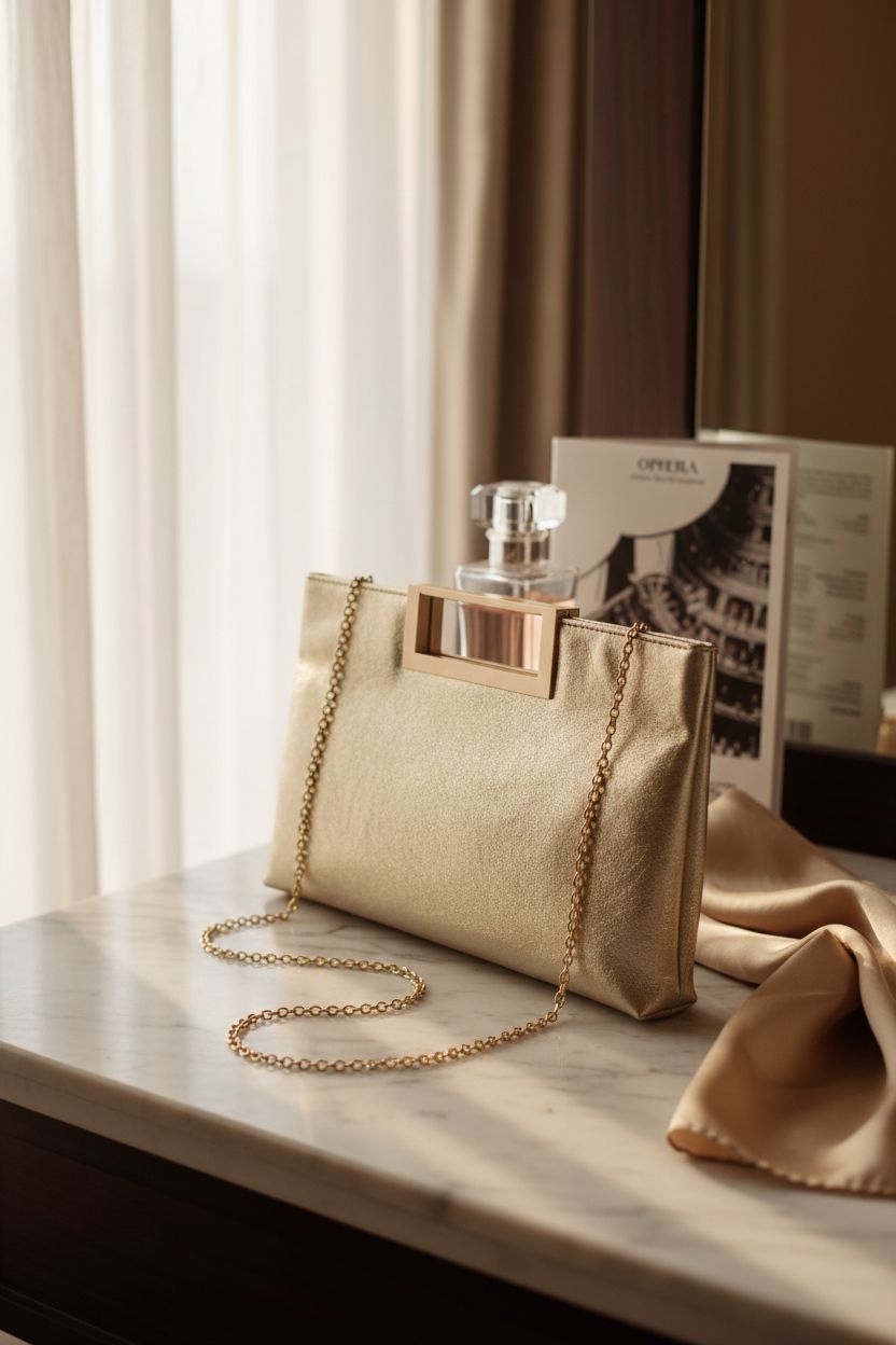 Charming Tailor gold handbag highlighted on a marble vanity with morning light filtering through curtains