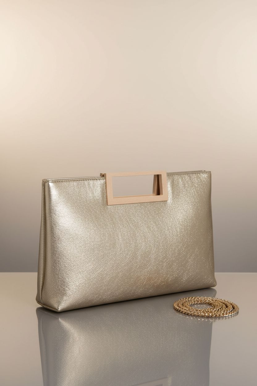 Charming Tailor gold evening handbag displayed on a glossy surface, showcasing its sleek profile and design