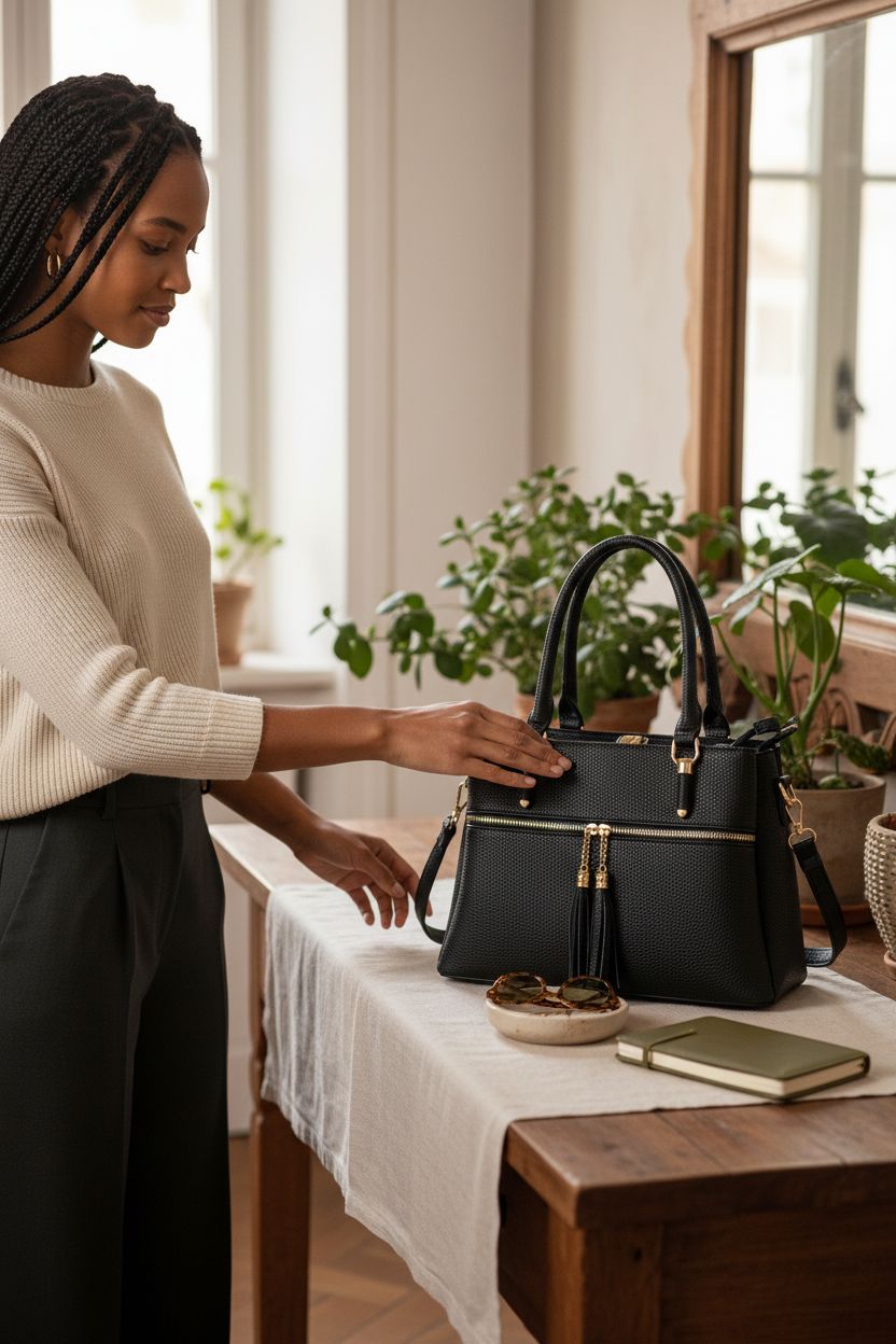 KKXIU handbag on console table, black pebbled bag with unzipped exterior pocket for quick access