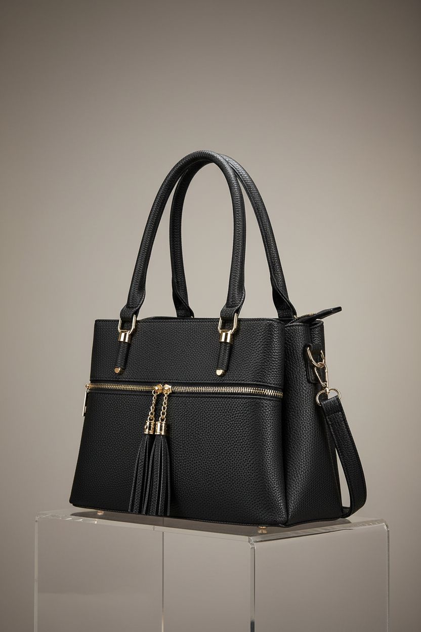 KKXIU black pebbled satchel showcasing exterior pocket and tri-compartment design in studio setting