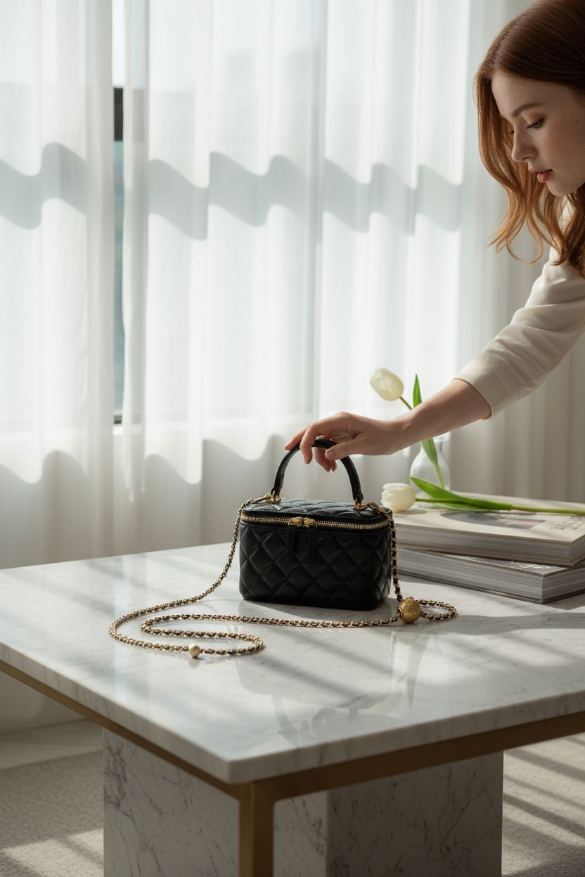 DORIS&JACKY black purse on marble table with art books and tulip