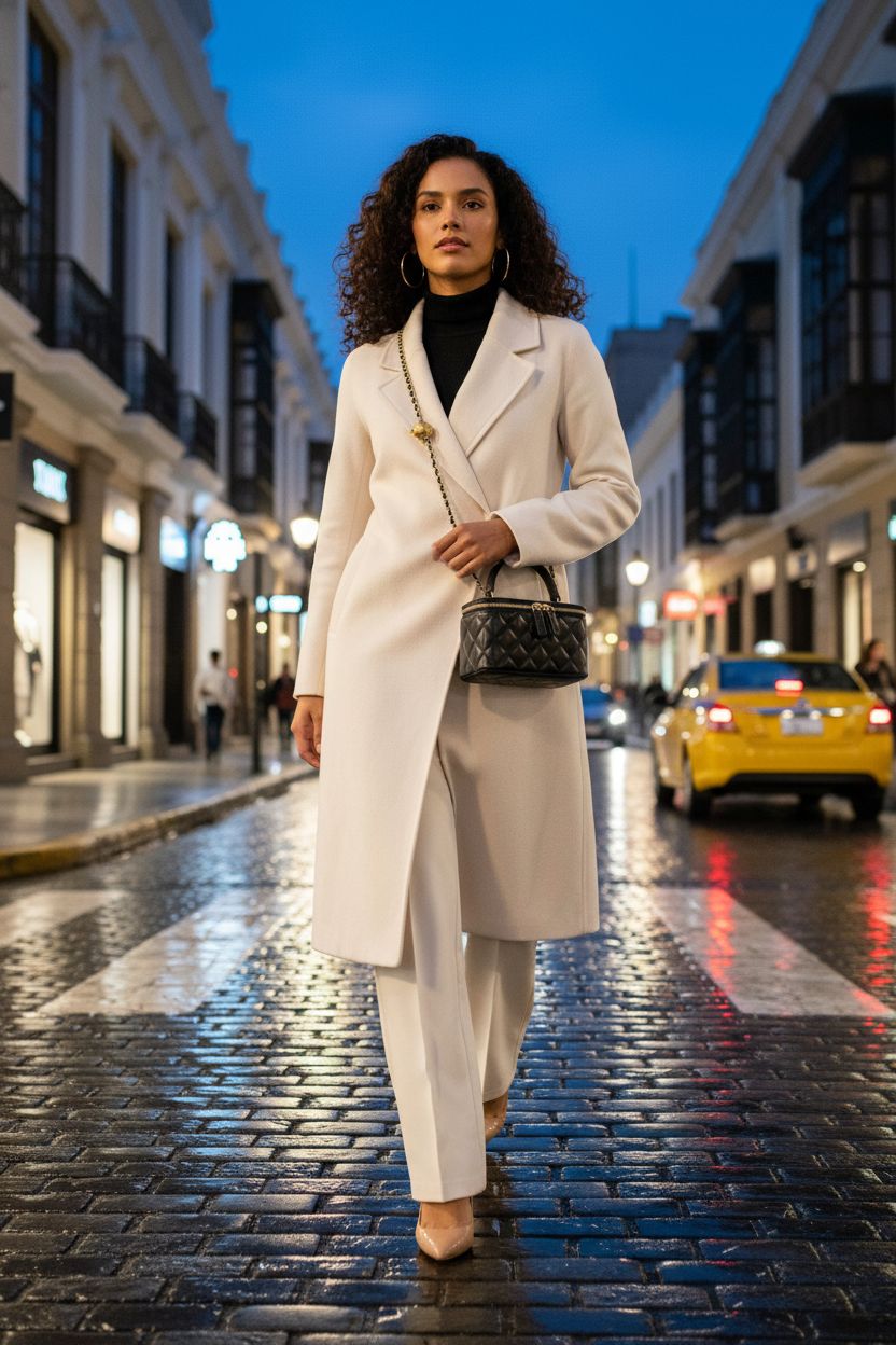 DORIS&JACKY black crossbody purse in boutique-lined street at blue hour