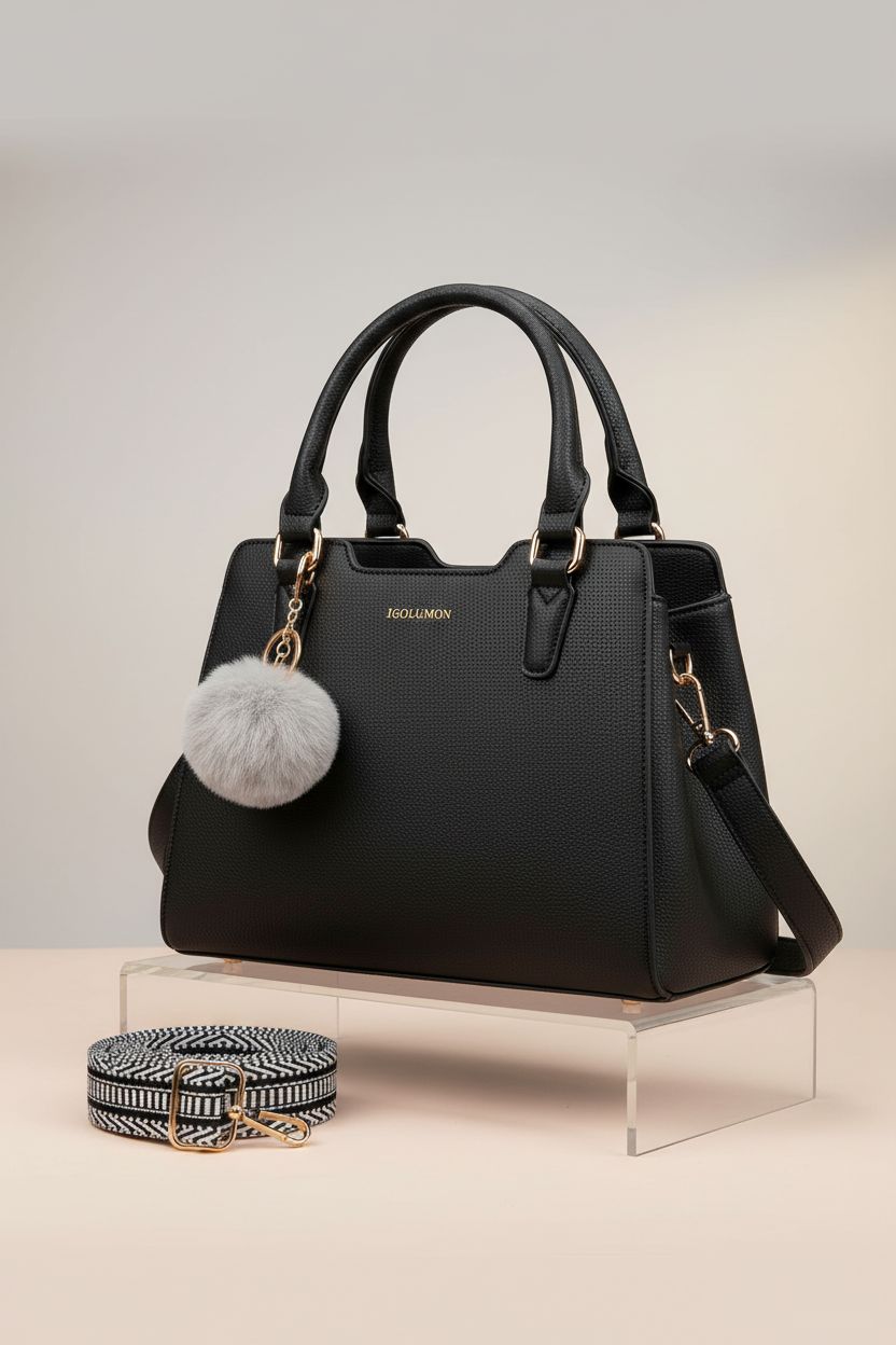 Product-focused shot of IGOLUMON structured satchel bag on acrylic riser