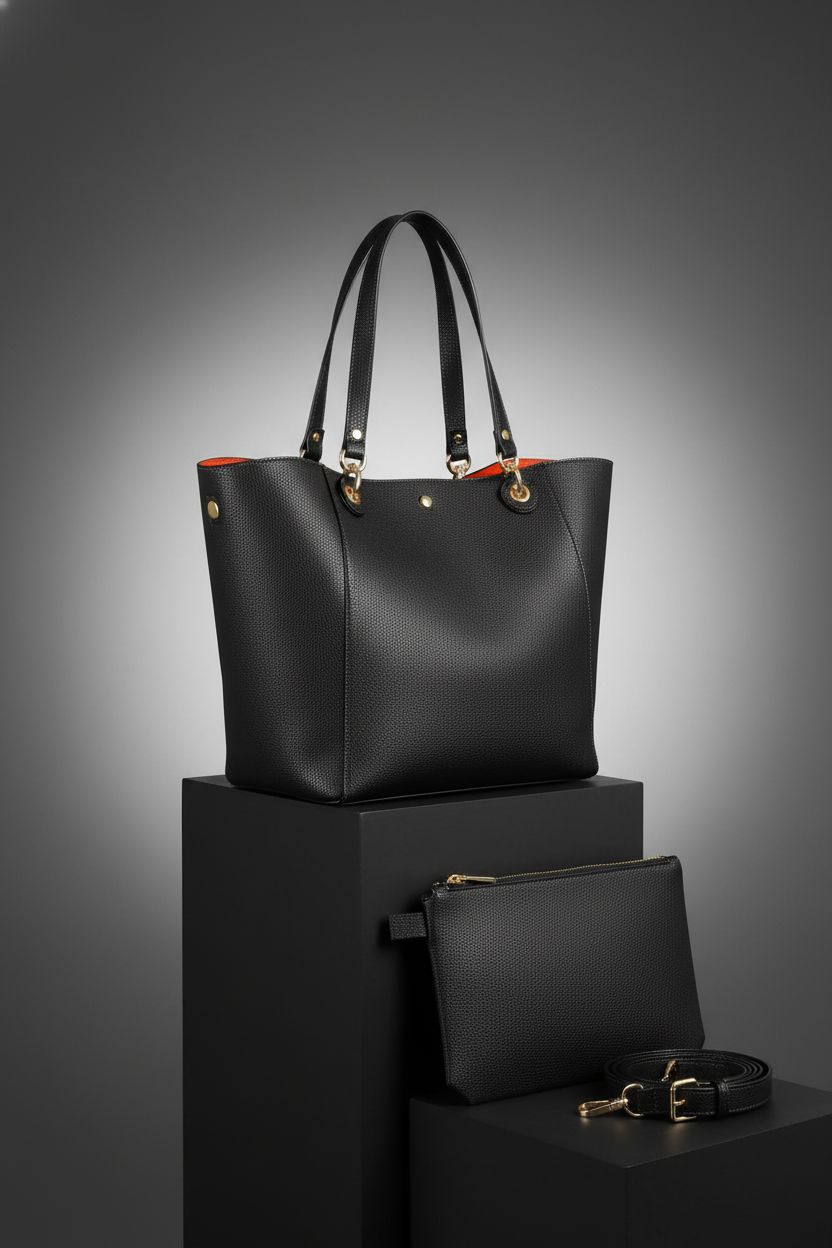 Black sqlp designer tote bag with detachable pouch on a clean studio backdrop.