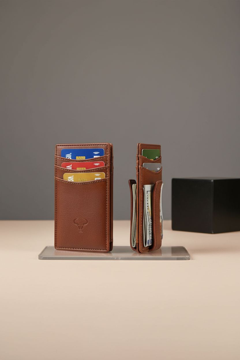 BULLIANT designer wallet displayed upright in a clean studio, emphasizing its magnetic closure and slim profile.