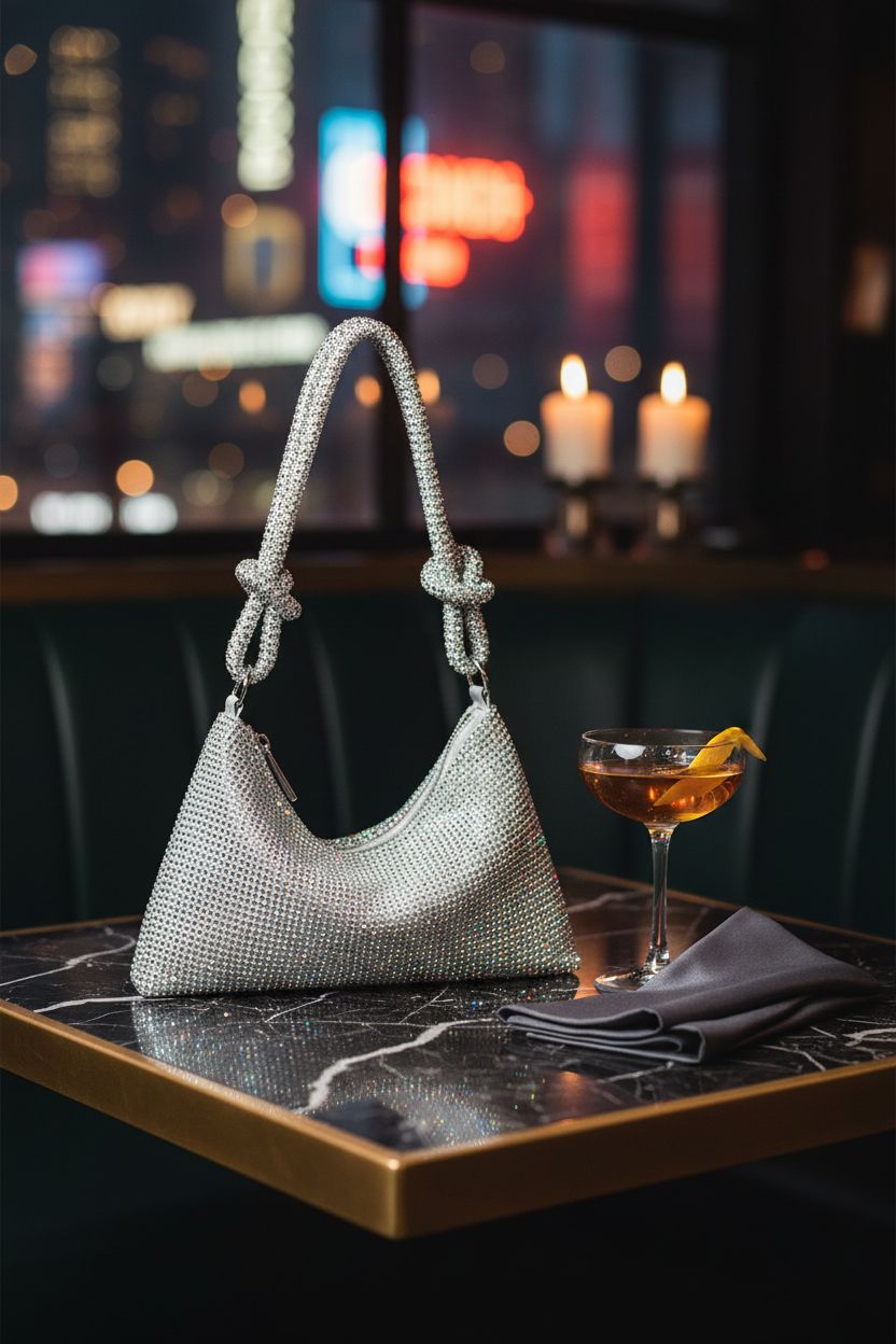 YUWITA silver rhinestone purse on a stylish marble table in a chic cocktail lounge.