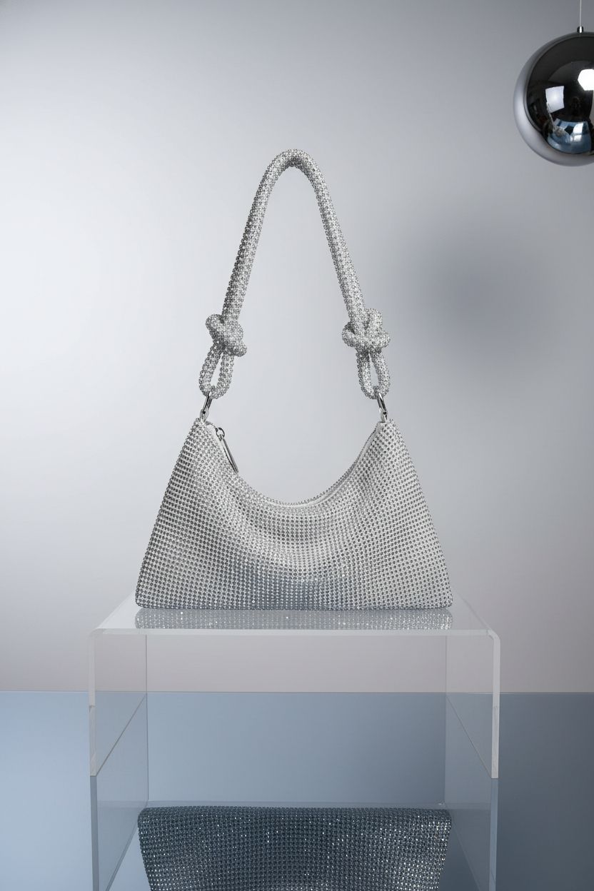 YUWITA silver rhinestone purse showcased on an acrylic pedestal, highlighting its exquisite details.