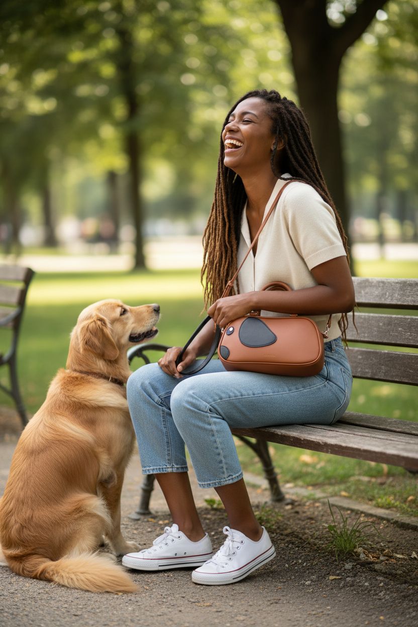 CHOLISS dog face crossbody purse on park bench with caramel leather accents