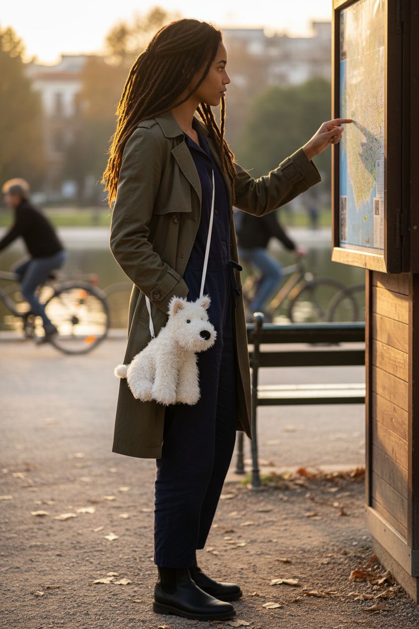 Cream plush Jellycat Munro Scottie Dog crossbody purse against olive trench coat in park