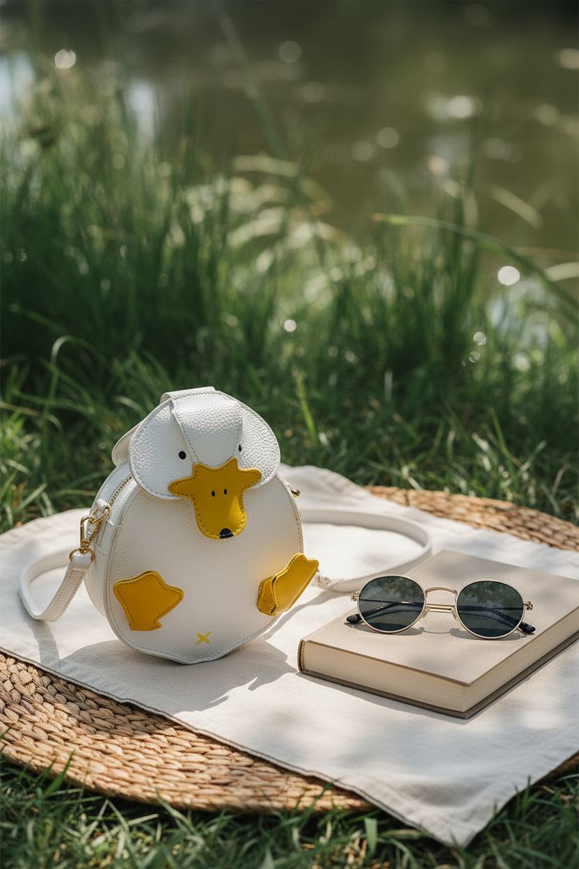 GRPKSSIB duck purse at a pondside picnic, emphasizing its playful design and perfect for outdoor adventures.