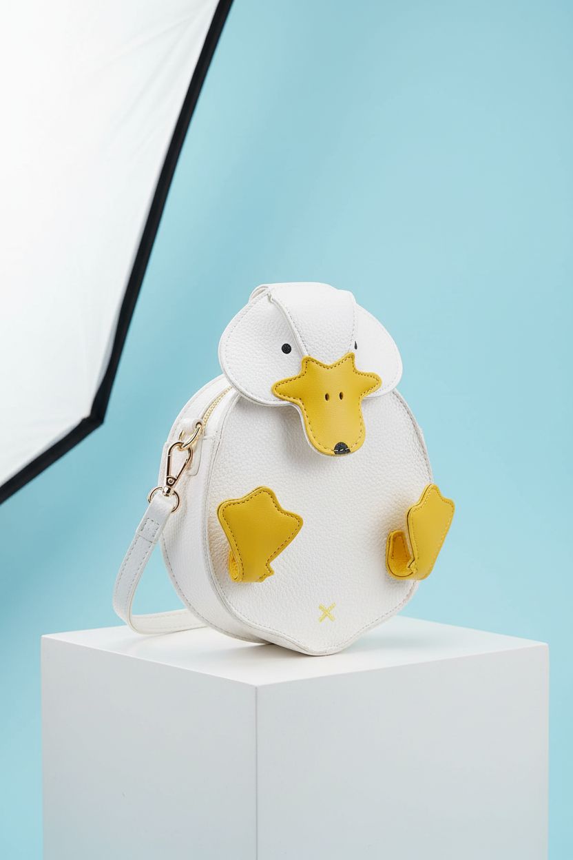 Close-up of GRPKSSIB duck purse on pastel background, showcasing pebbled PU leather and 3D details.
