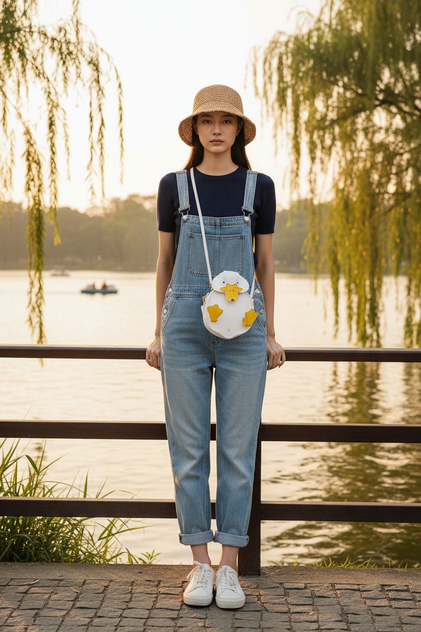 Stylish GRPKSSIB duck purse in a lakeside park, showcasing 3D cartoon design and crossbody style.
