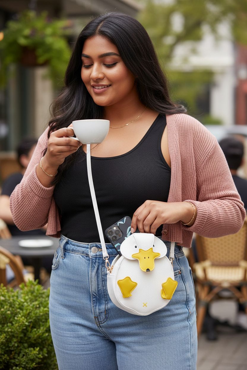 GRPKSSIB duck purse on a café patio, highlighting its cute design and practical size for daily use.