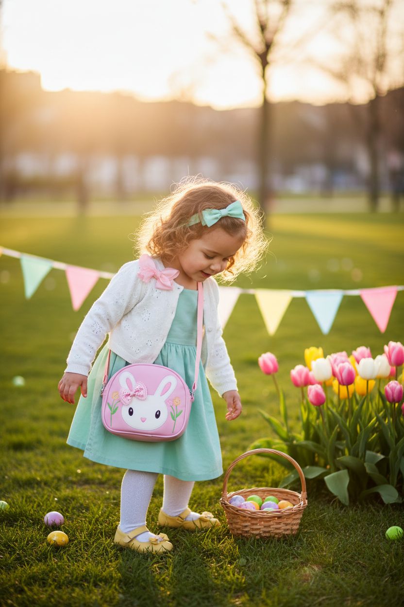 LJCTULY pink bunny crossbody purse complementing a mint-green sundress in a park.