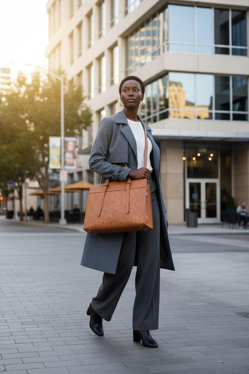 Missnine embossed brown tote bag for women, stylishly worn crossbody during a morning commute.