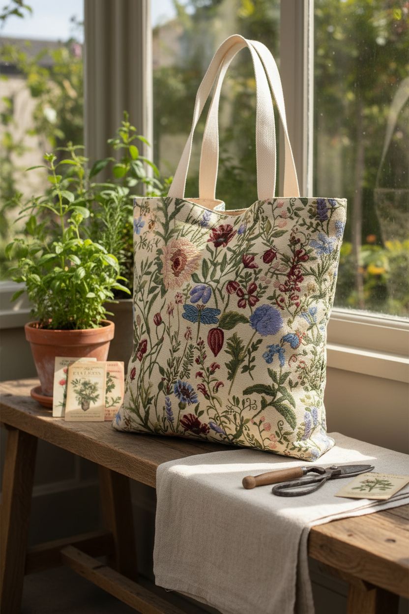 Miss Adola Canvas Tote Bag resting on an oak bench in a conservatory, showcasing vintage floral embroidery.