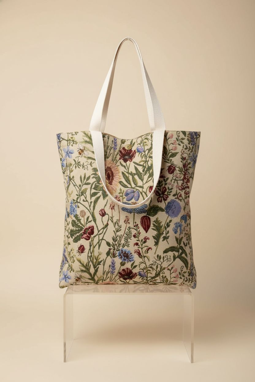 Miss Adola Canvas Tote Bag displayed on a studio set, highlighting its embroidered florals and interior pocket.