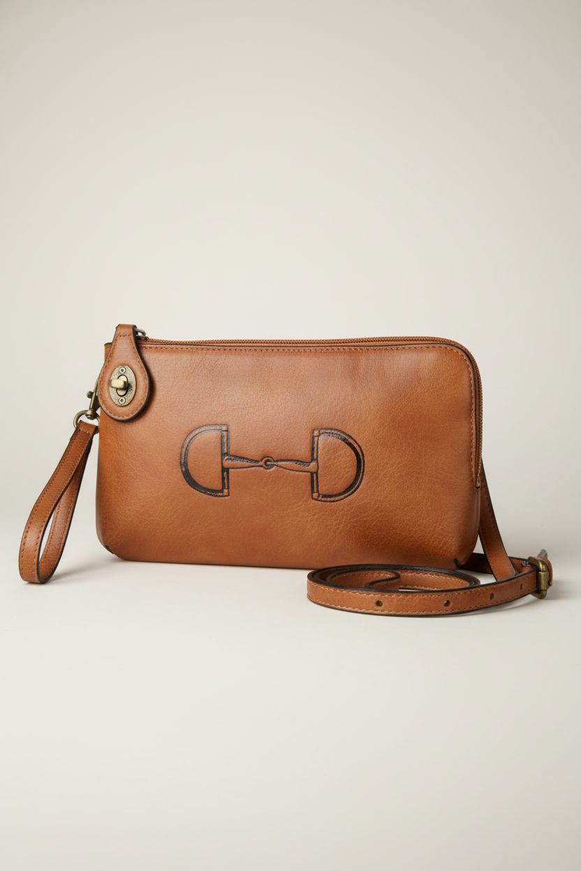 AWST International Lila Vintage Snaffle Bit Clutch bag on a light-gray background, showcasing premium leather details.