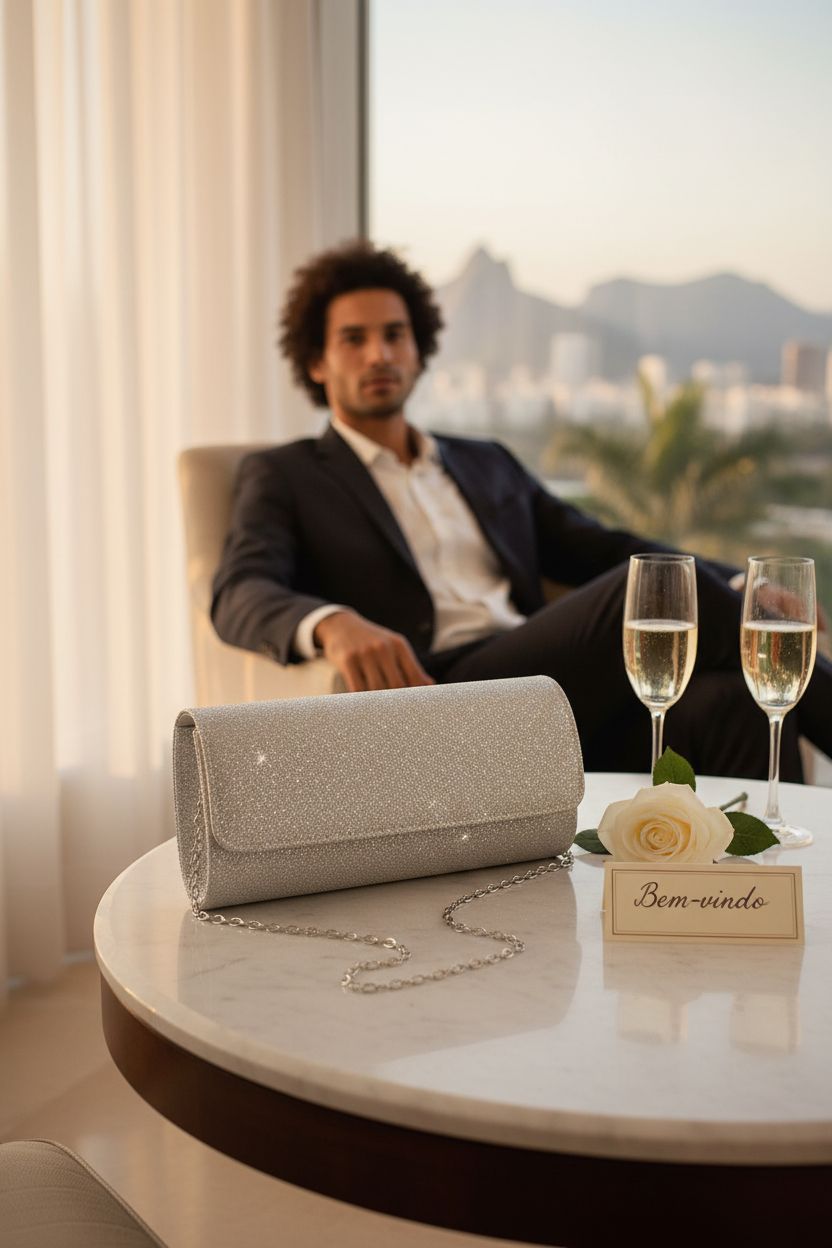 Chic lovyoCoCo evening bag on a marble table beside a rose, perfect for weddings.
