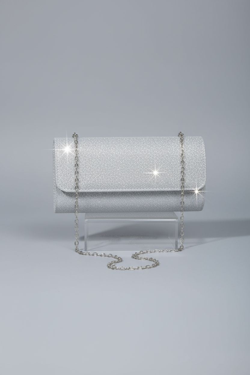 Product shot of lovyoCoCo silver glitter evening bag highlighting its design and quality.
