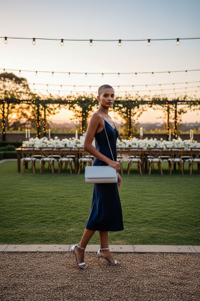 Elegant lovyoCoCo silver glitter evening bag with shoulder chain at a vineyard wedding.