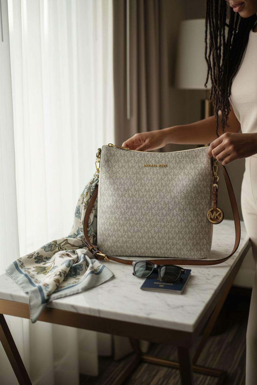 Michael Kors Jet Set Large Messenger Bag showcased on a marble console with soft morning light illuminating its design.