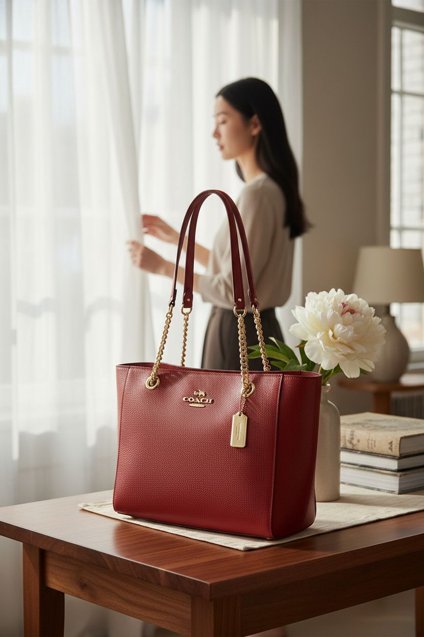 COACH Cammie Chain Tote in Red Apple, elegantly placed in a serene living room