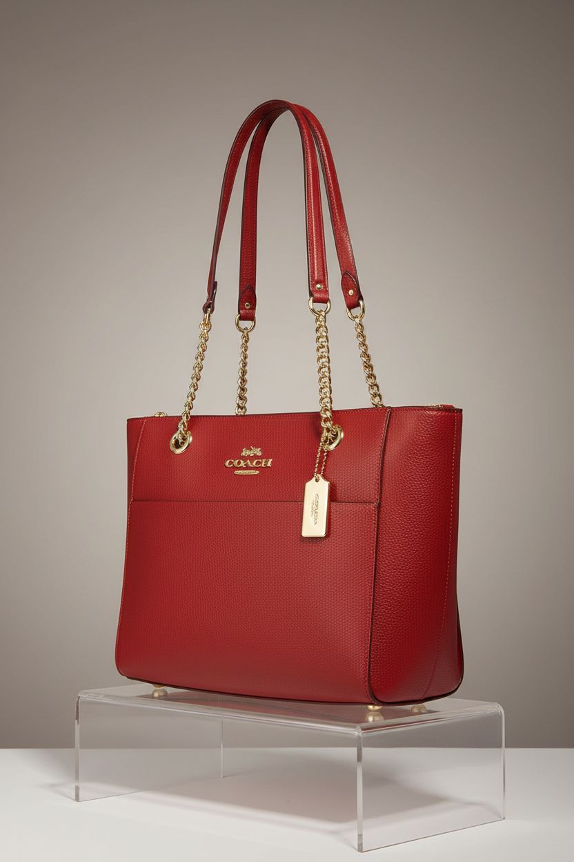 COACH Red Apple tote displayed on a stylish studio backdrop, highlighting its features