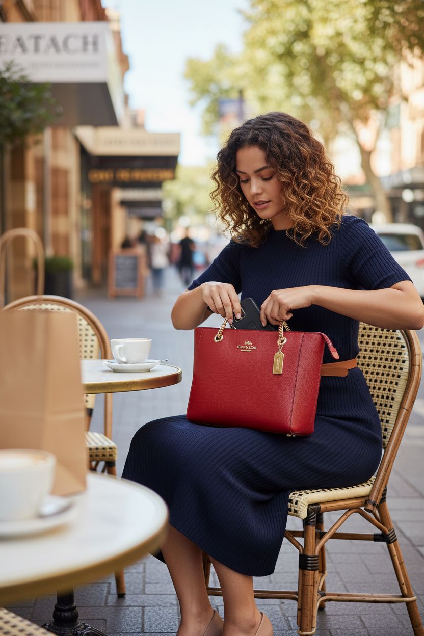 COACH Red Apple tote at a chic street-side café, showcasing refined design
