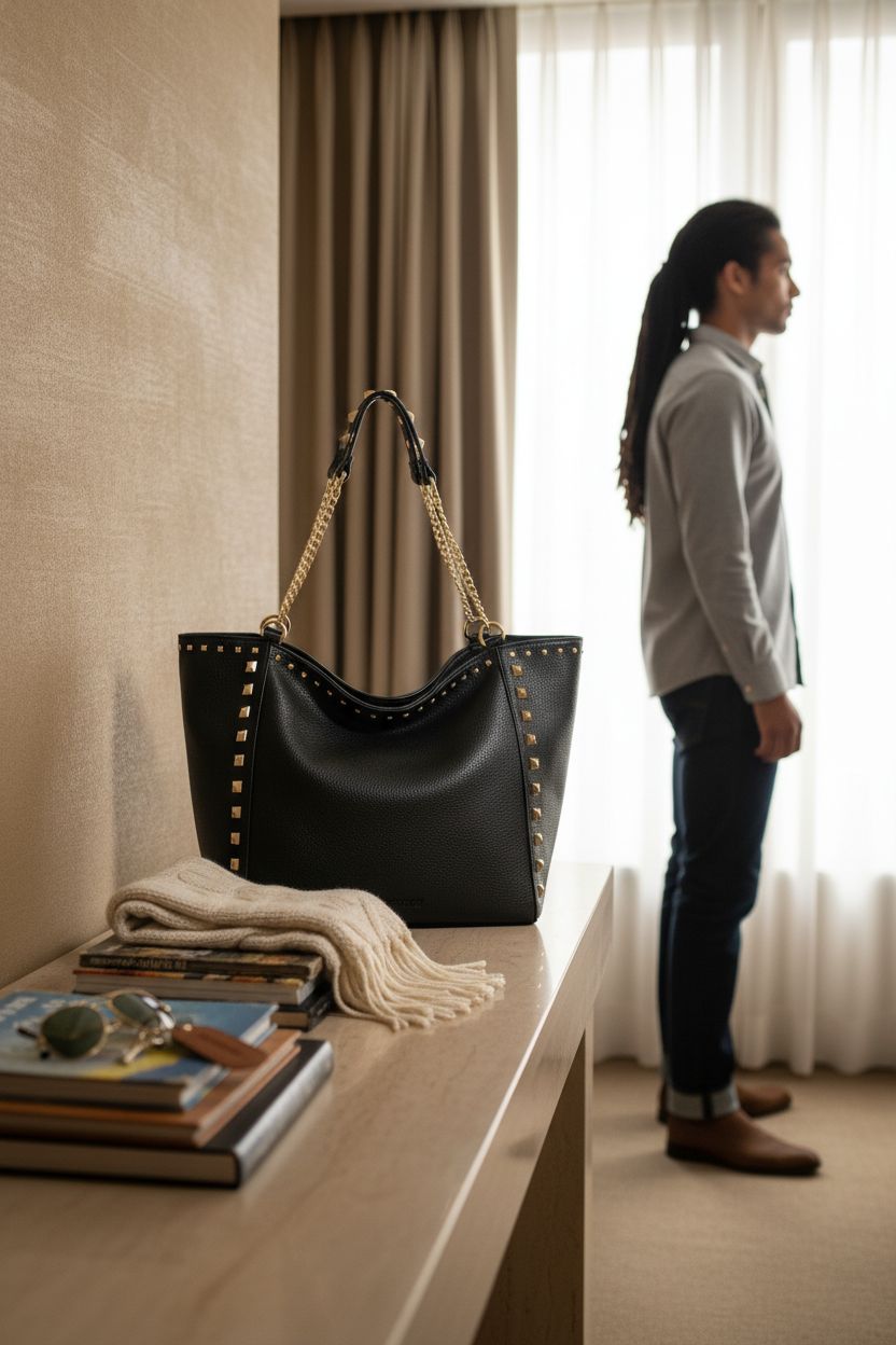 Montana West oversized tote resting in a chic hotel room, surrounded by travel essentials.