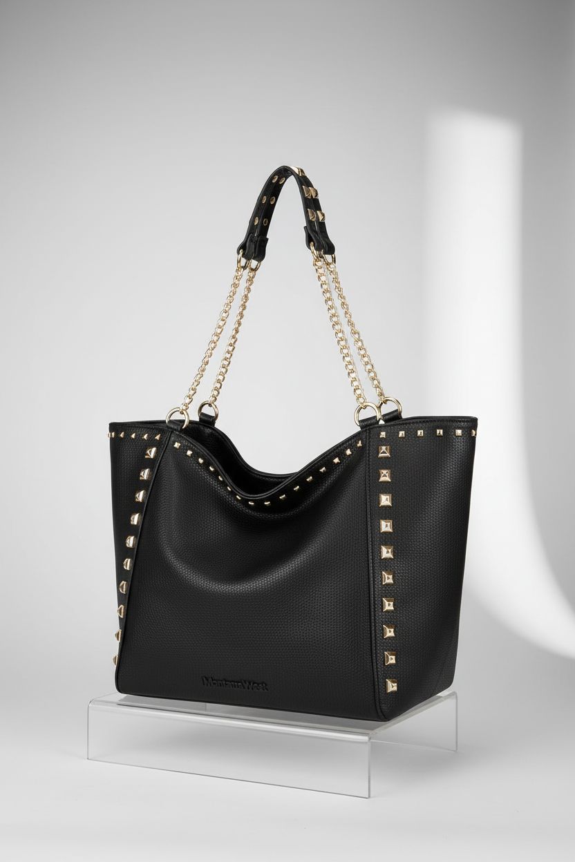 Montana West oversized tote bag showcasing pebble-grain vegan leather and elegant gold accents.