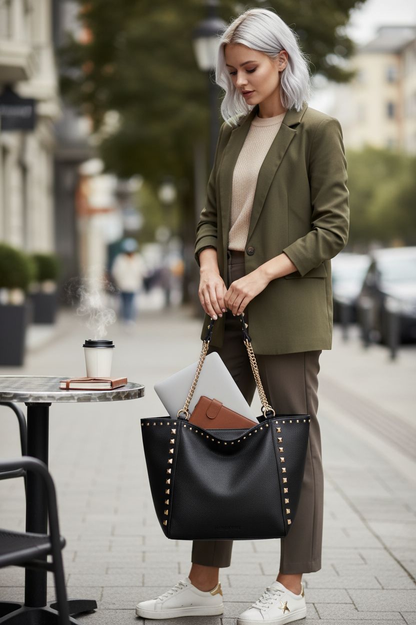 Montana West black tote bag being filled with a laptop and planner outside a café.