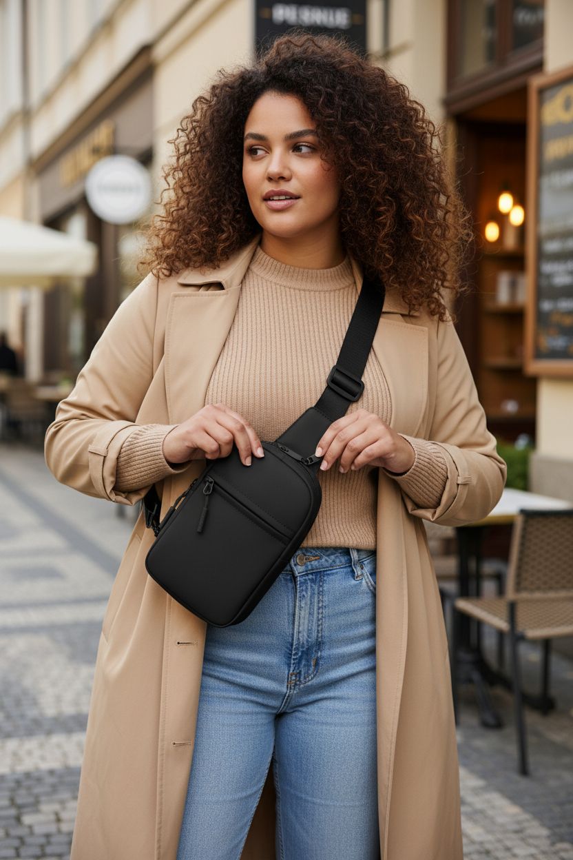 FORZAROCKET Plus Size Sling Bag showcased on a café sidewalk, highlighting its stylish black design and adjustable strap.