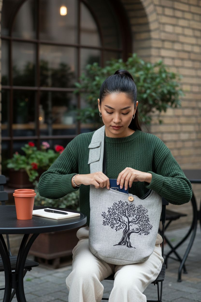 Fair Trade Large Sling Crossbody Shoulder Bag by Ruth and Wilde in grey, showcasing utility and style at a cafe.