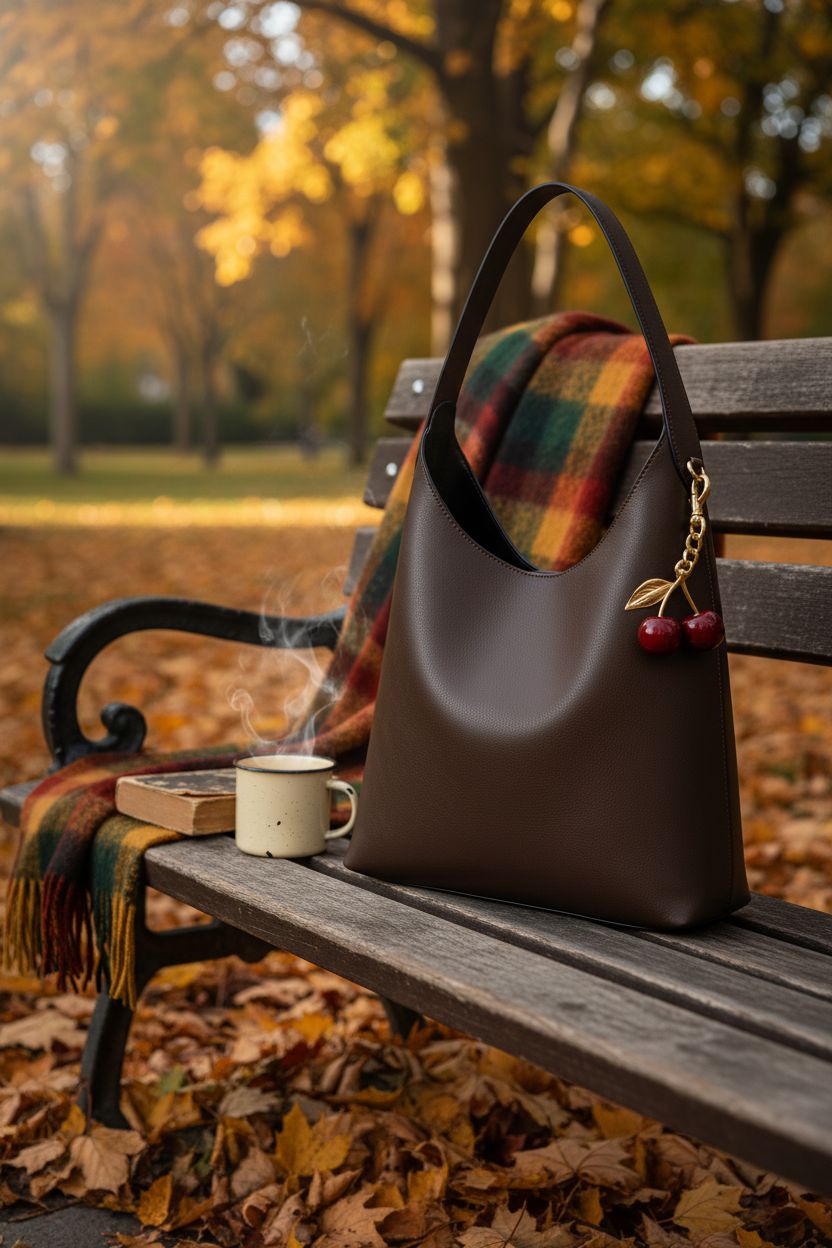 Cozy scene with HICARRY faux suede bag, enamel mug, and plaid blanket in a park surrounded by autumn leaves.