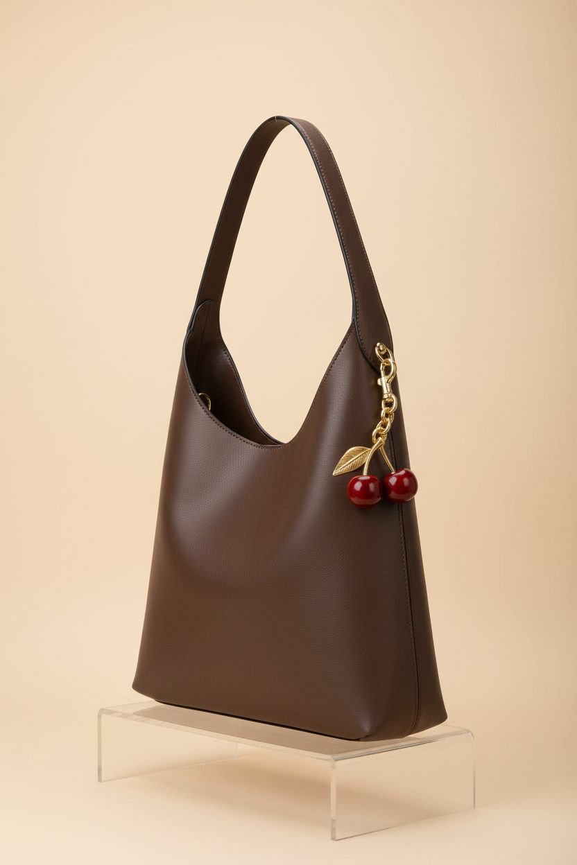 Elegant HICARRY faux suede handbag on acrylic riser showcasing its slouchy design and cherry charm.
