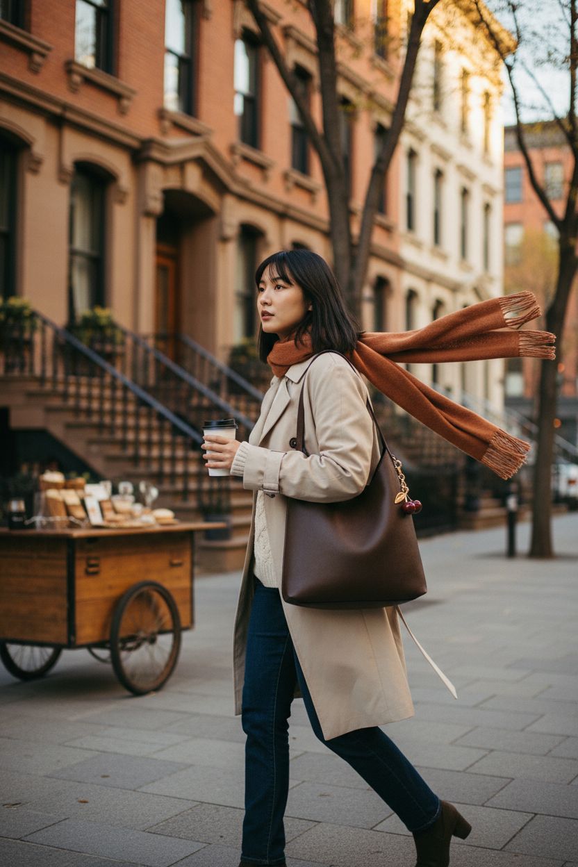 Chestnut faux suede hobo bag by HICARRY, perfect for fall fashion on a tree-lined street.