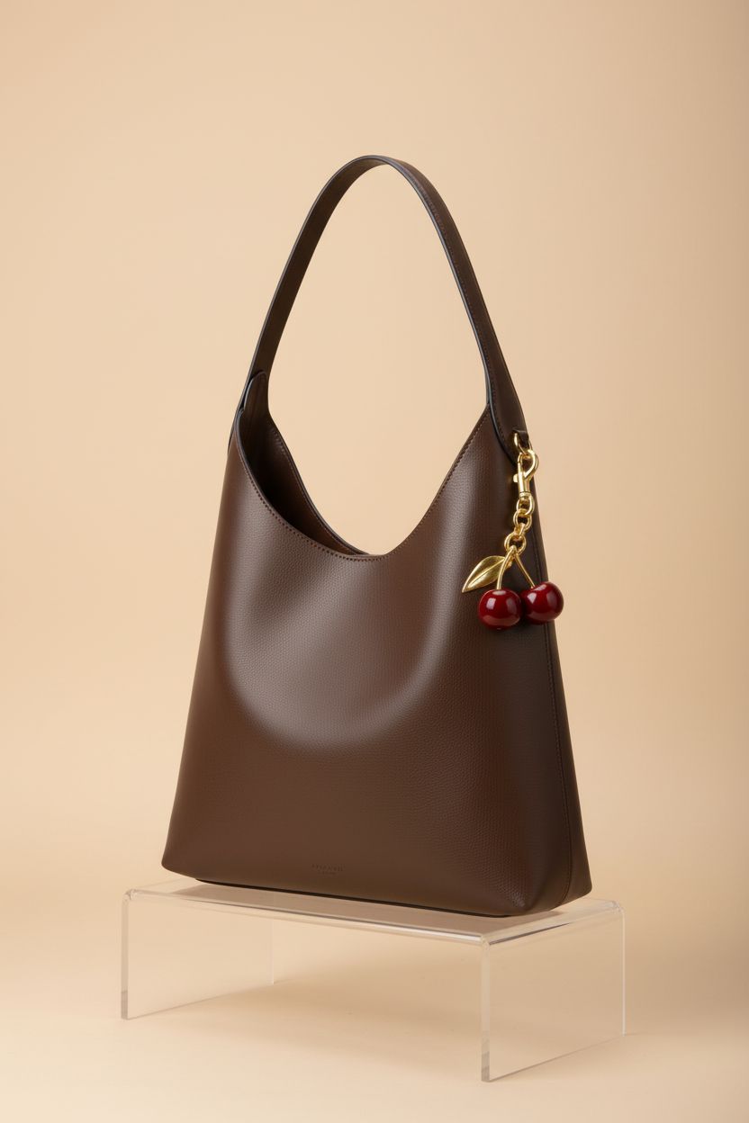 HICARRY faux suede hobo bag displayed in studio, highlighting its elegant slouch and cherry charm.